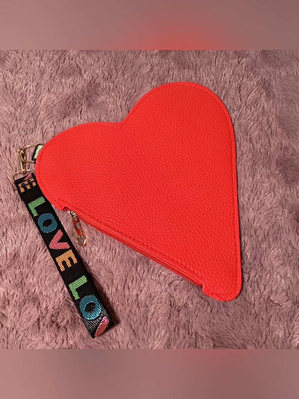Heart-Shaped Zip Clutch in Bright Red with LOVE Wrist Strap